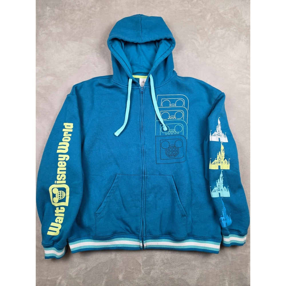 Disney Zip Up Hoodie Men L Blue Oversized Walt Disney World Graphic Striped Trim